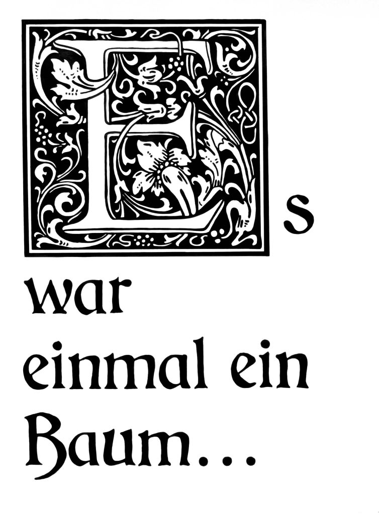 Ein selbstgezeichnetes Plakat Für das Projekt Jones&Crisis. Darauf steht Es war einmal ein Baum.